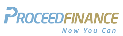 Logo for Proceed Finance with blue and gold text, featuring an arrow design. Slogan "Now You Can" in light blue below the main text.