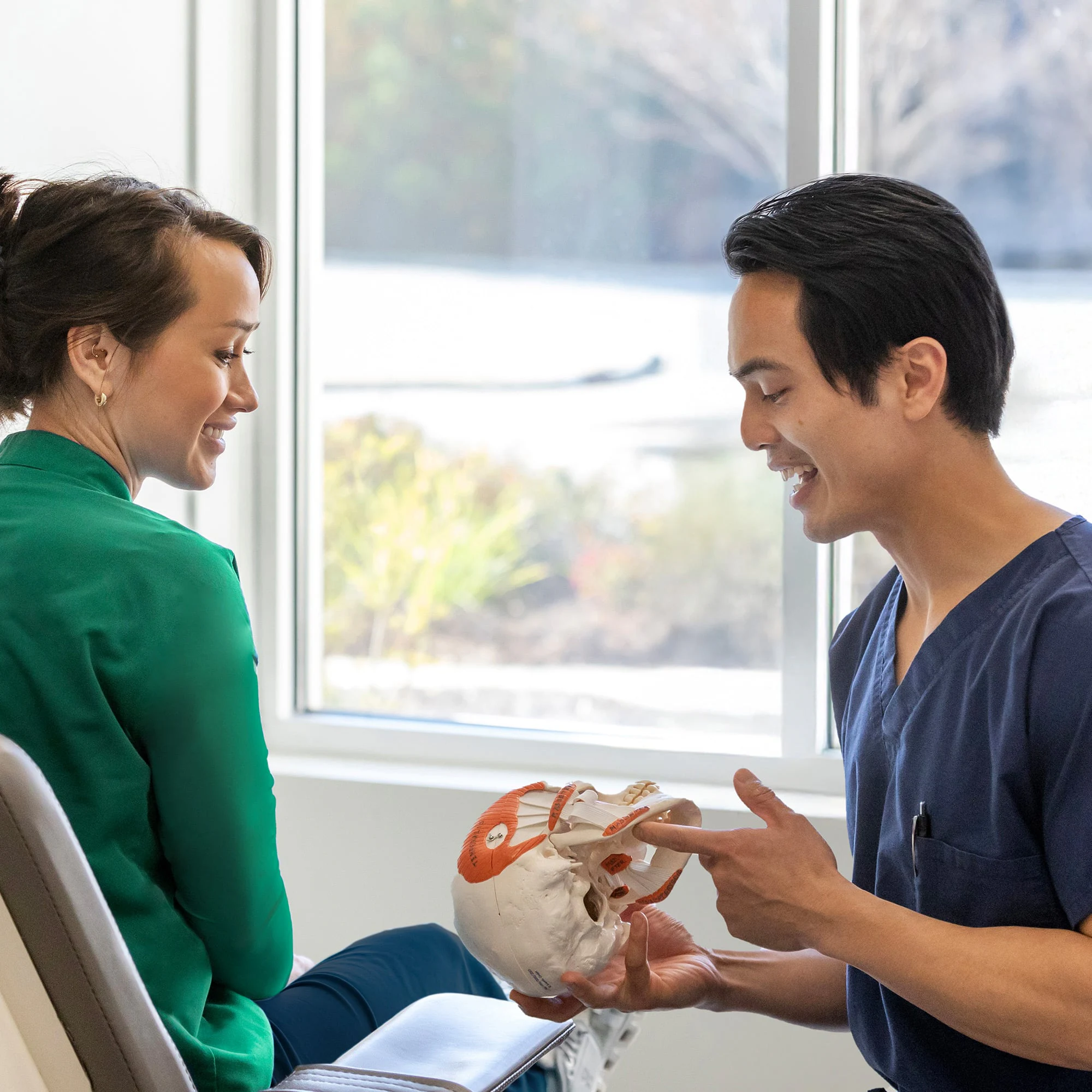 Two persons in a clinical setting discuss a skull model. One person in scrubs explains, pointing to the model, near a large window.