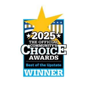 The image shows a "2025 Official Community’s Choice Awards" winner badge with a gold star and stripes, labeled "Best of the Upstate."