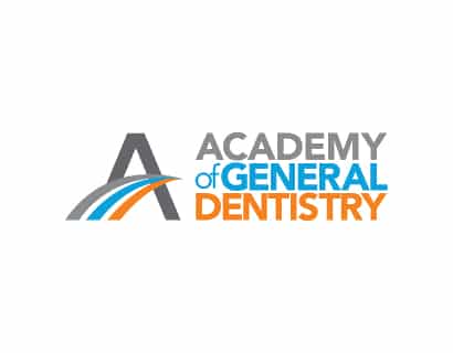 The logo features a stylized letter "A" and text, "Academy of General Dentistry," with blue and orange accents, conveying a dental organization.