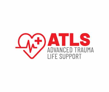Heart-shaped logo featuring red heartbeat line, red cross, and bold "ATLS" text beside "Advanced Trauma Life Support" in smaller font.