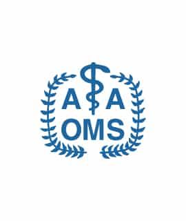 The image features a blue logo with "AAOMS," a staff of Asclepius, and laurel branches, representing a medical or dental association.
