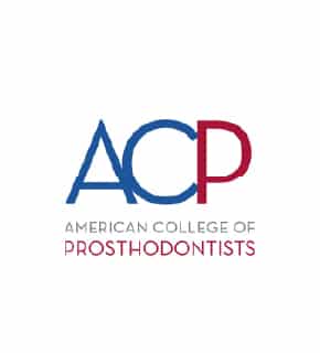 Logo for the American College of Prosthodontists featuring bold blue and red letters "ACP" and the organization's name underneath in smaller text.