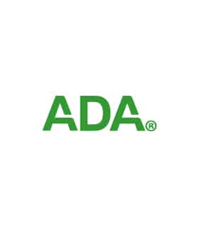 The image displays the ADA logo in green letters, set against a plain white background. It represents the American Dental Association.