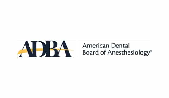 Logo of the American Dental Board of Anesthesiology, featuring bold "ADBA" lettering with a yellow accent. Simple, professional design on a white background.