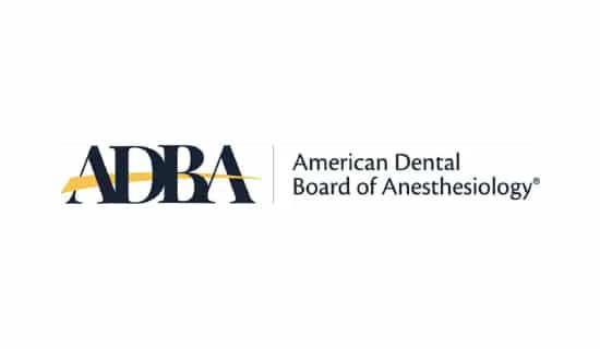 Logo of the American Dental Board of Anesthesiology, featuring bold "ADBA" lettering with a yellow accent. Simple, professional design on a white background.