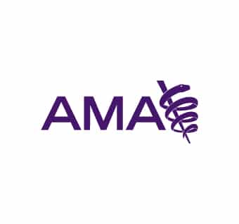 The image features the AMA logo in purple, with a staff entwined by a snake, symbolizing the medical profession.