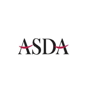 The image features the logo "ASDA" with a unique design; the letters are stylized with red arcs resembling smiles between the letters 'S' and 'D'.