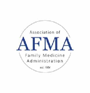 Logo of the Association of Family Medicine Administration (AFMA) featuring blue text inside a circle, established in 1984, with a white background.