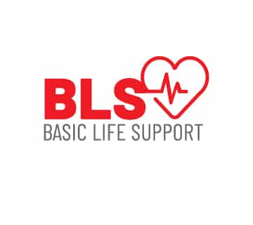 The image features the text "BLS Basic Life Support" with a red heart and heartbeat line graphic on a white background.