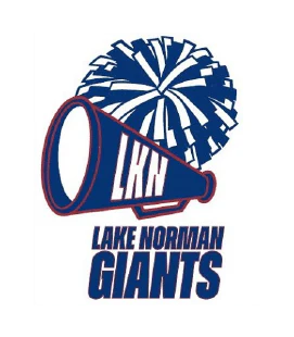 Logo with a megaphone labeled "LKN" and a pom-pom, featuring the text "Lake Norman Giants." Blue and red color scheme.