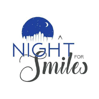 Logo with text "A Night for Smiles," featuring a crescent moon and city skyline silhouette in blue and gray tones.