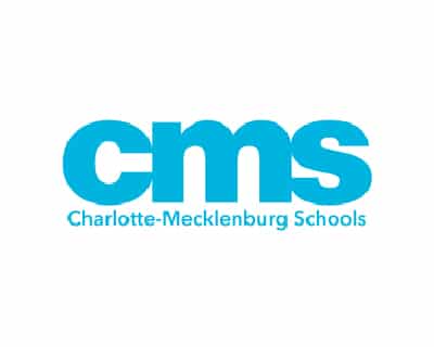 Logo featuring the acronym "cms" in blue, representing Charlotte-Mecklenburg Schools, with text below indicating the full name in matching blue color.