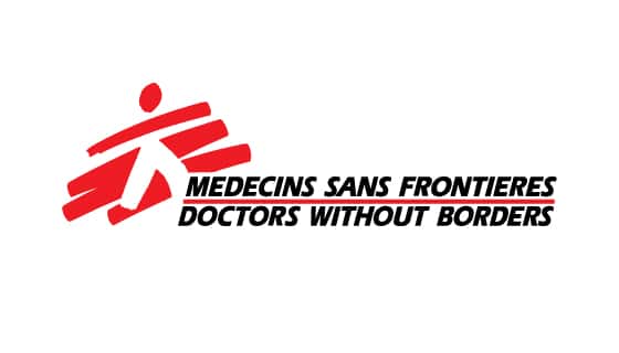 Médecins Sans Frontières (Doctors Without Borders) logo features a red abstract figure. Name in French and English is written in black text below it.
