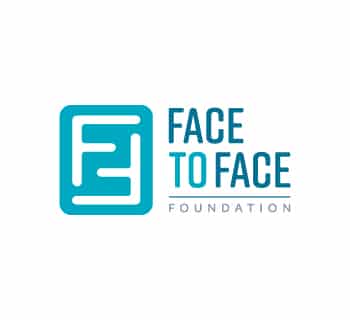 Blue logo showing abstract design and "Face to Face Foundation" text in bold. Simple, modern aesthetic with a focus on connectivity and engagement.