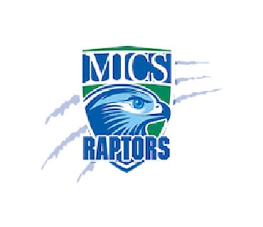 Emblem featuring a stylized eagle head on a shield with "MICS Raptors" text, accented by blue claw marks in the background.