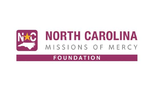 Logo of North Carolina Missions of Mercy Foundation featuring state outline, star, and text in burgundy and gray on a white background.