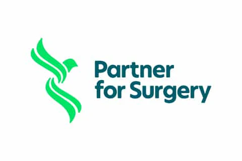 The image displays the "Partner for Surgery" logo, featuring stylized green lines next to the organization's name in bold, blue text.