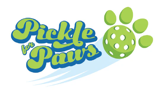 Logo featuring "Pickle for Paws" text with green pickleball and paw design on white background, suggesting a playful or charitable theme involving animals.