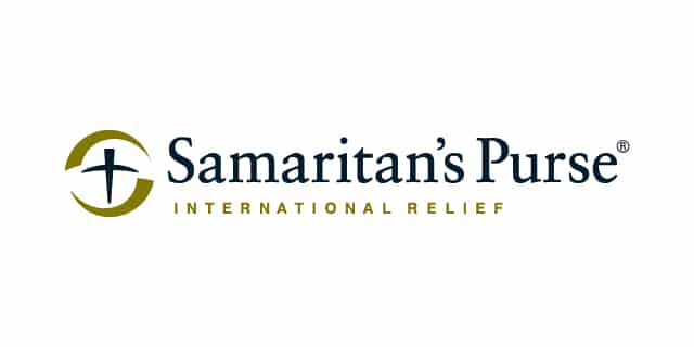 Logo for Samaritan's Purse International Relief features a stylized cross with text in dark blue and gold, emphasizing humanitarian aid services.