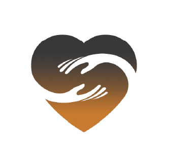 Heart-shaped logo with two stylized hands embracing, blending dark to warm orange tones. Symbolizes care, unity, and compassion. Simple and elegant design.