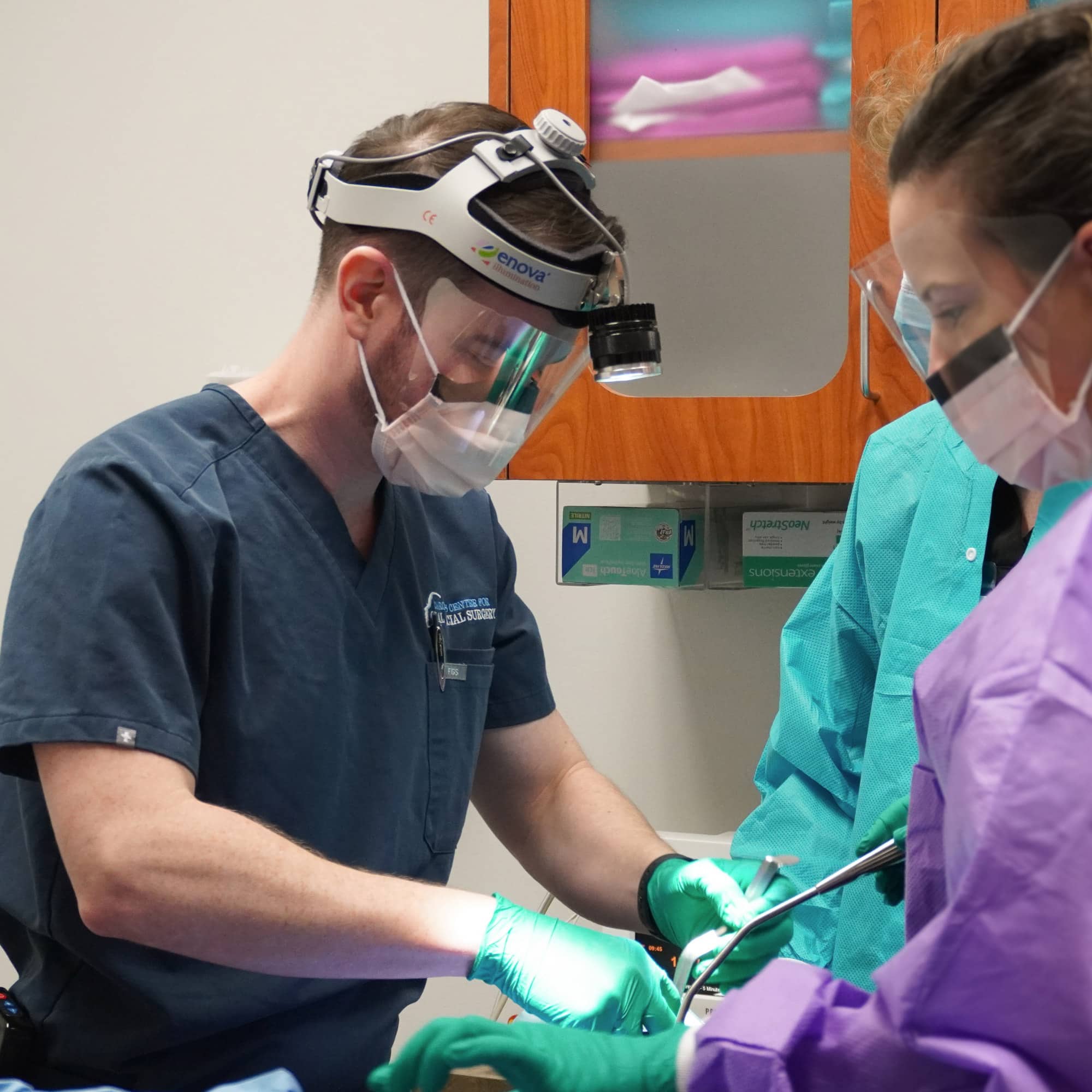 Two persons in medical attire, with masks and gloves, performing a dental procedure in a clinical setting, focusing on precise work.