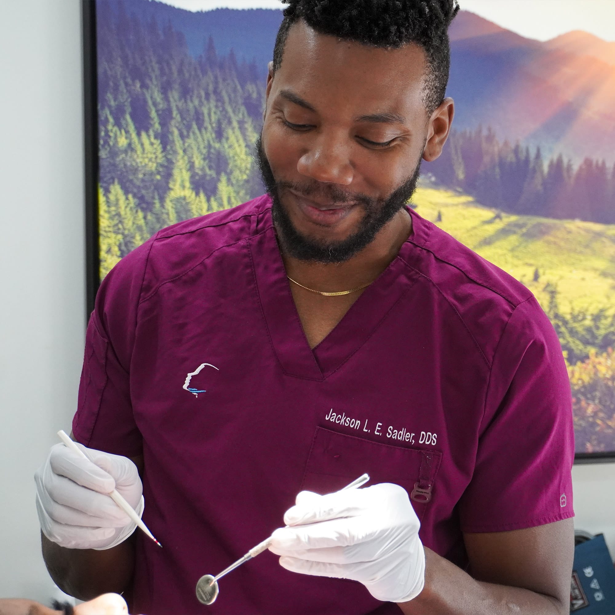 A person in burgundy scrubs smiles while holding dental tools. A scenic mountain landscape is displayed in the background.