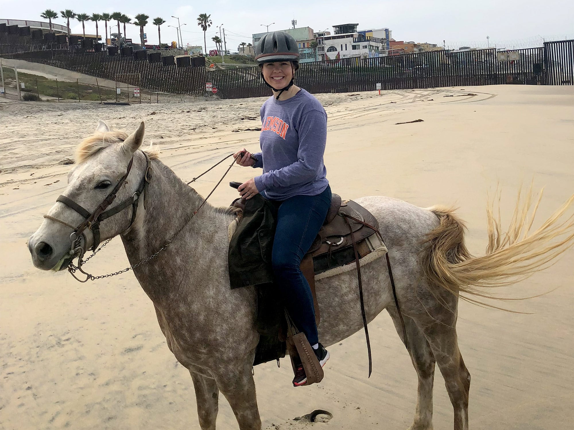 A person on horseback rides along a sandy beach near a fence, with colorful buildings and palm trees in the background.