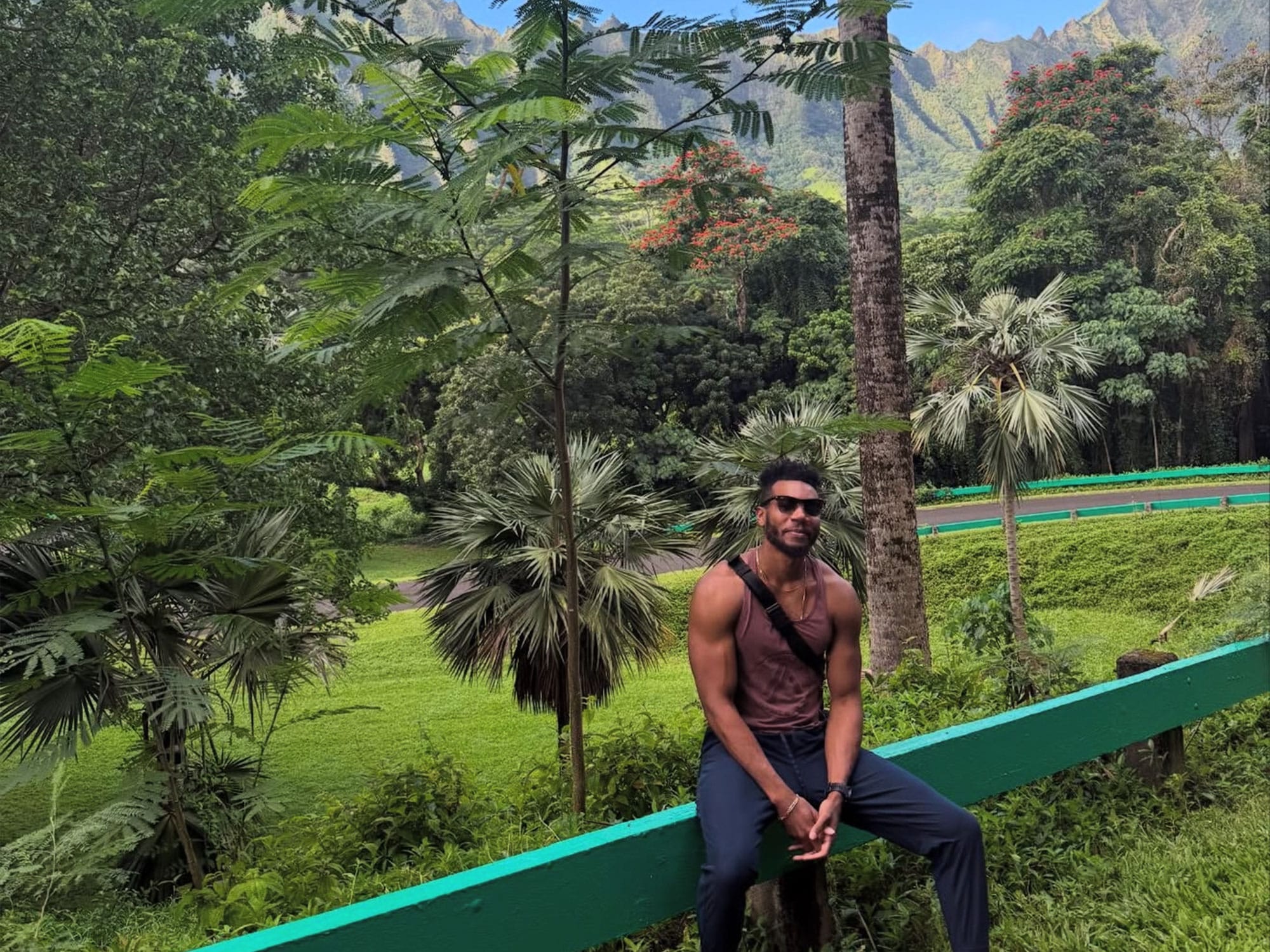A person with sunglasses sits on a green railing in a lush, mountainous landscape with vibrant foliage and towering peaks.