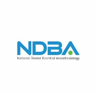 The image shows the logo of the National Dental Board of Anesthesiology, featuring the letters "NDBA" in blue with a green dot.