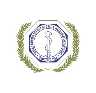 South Carolina Society of Oral and Maxillofacial Surgeons logo features a blue caduceus symbol, encircled by olive branches, established 1966.