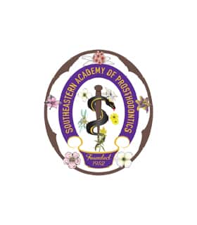 The image features the logo of the Southeastern Academy of Prosthodontics, with a caduceus, floral elements, and the founding year 1952.
