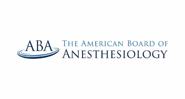 Logo of The American Board of Anesthesiology featuring the acronym "ABA" and blue text with a simple ring design.