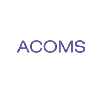 Text displaying "ACOMS" in bold, purple letters centered on a white background, with no additional elements or context present.