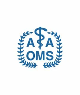 The image features a logo with "AAOMS" and a caduceus symbol with laurel branches, representing a professional medical organization.