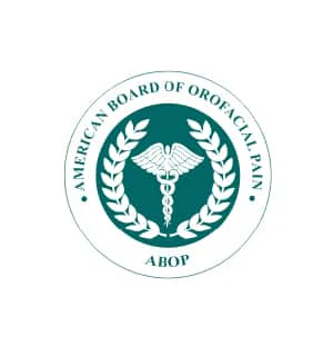 The image shows the American Board of Orofacial Pain logo featuring a caduceus symbol encircled by laurel leaves and the acronym ABOP.